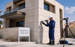 عملية صيانة خارجية لمبنى حديث باستخدام أدوات احترافية