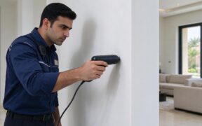 فني يستخدم جهاز كشف تسريبات المياه الإلكتروني في منزل حديث بالحيل الجنوبية