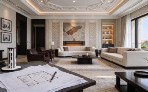 تصميم داخلي فاخر يوضح تحول المخططات الهندسية إلى واقع ملموس في غرفة معيشة