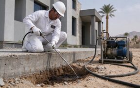 فني متخصص يقوم بعملية الحقن الكيميائي لحماية قواعد فيلا من الرمة في شمال الباطنة